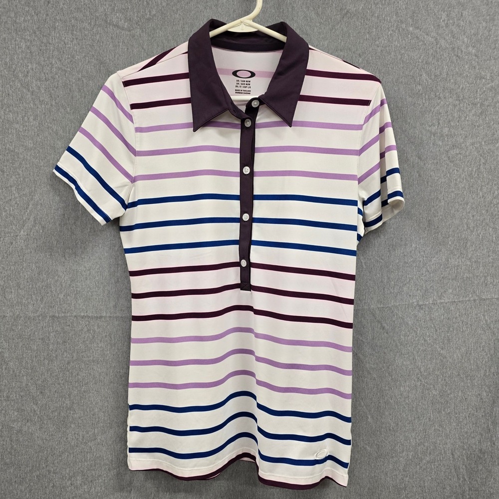 Oakley Womens Striped Short Sleeve Golf Polo Shirt Purple Blue White Size Medium